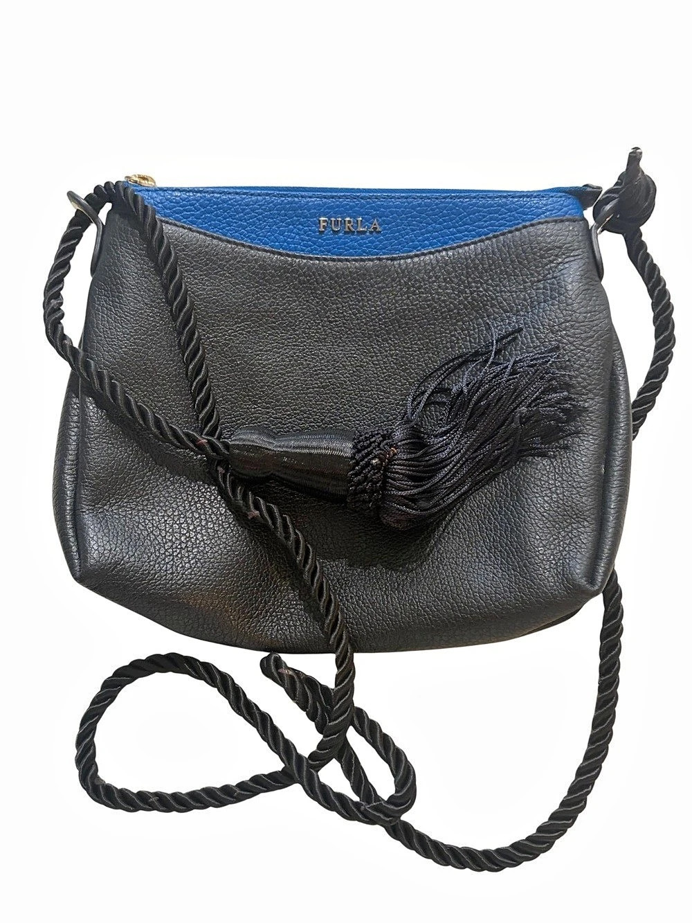 Furla Black & Blue Leather Tassel Crossbody